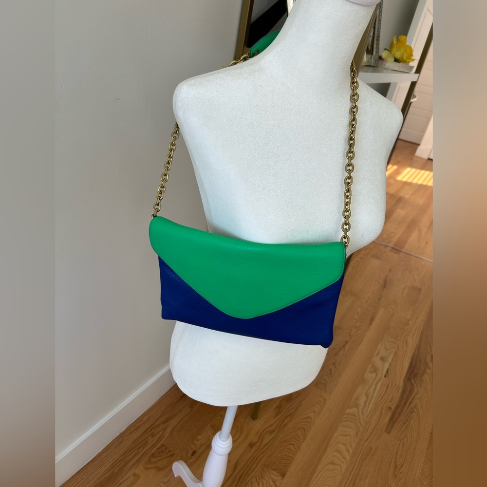 J. Crew leather bag- 10x6 Green and Blue Leather Chain Shoulder Bag - Picture 2 of 8